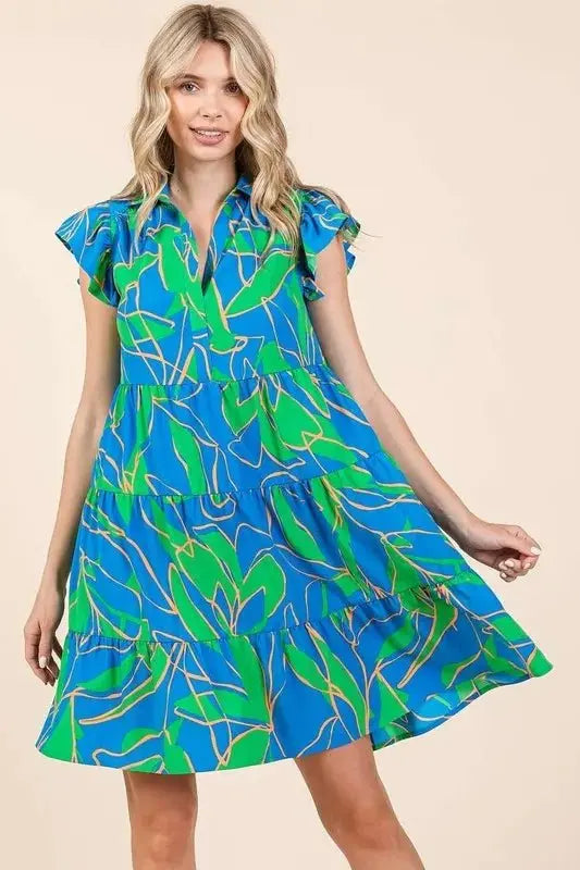 Mittoshop Leaf Print Ruffle Sleeve Tiered Mini Dress For Women - Love Salve